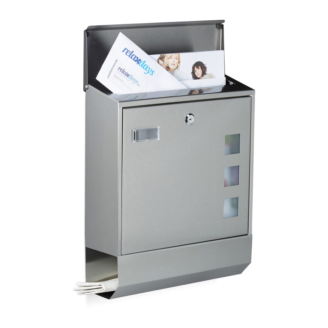 Relaxdays Briefkasten Edelstahl mit Zeitungsfach, Namensschild, Sichtfenster, HxBxT: 42 x 35 x 12,5