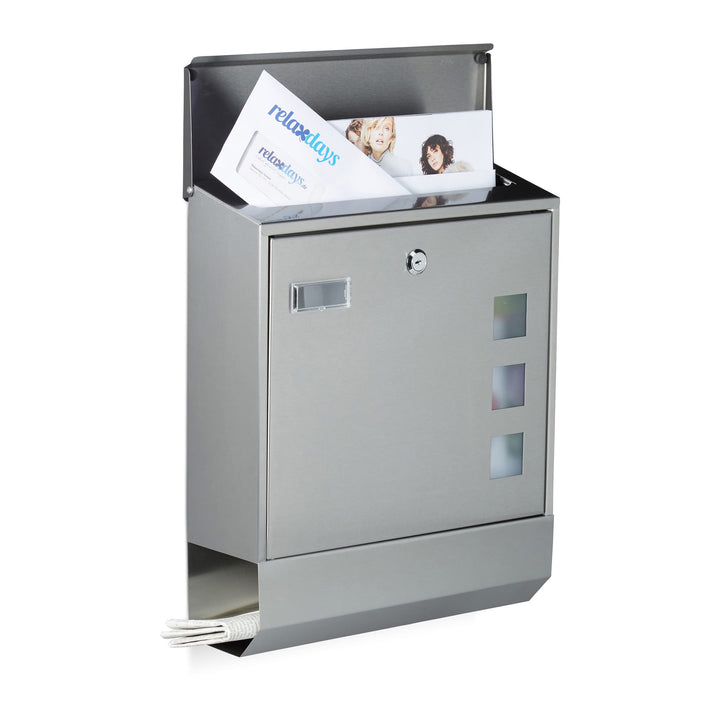 Relaxdays Briefkasten Edelstahl mit Zeitungsfach, Namensschild, Sichtfenster, HxBxT: 42 x 35 x 12,5