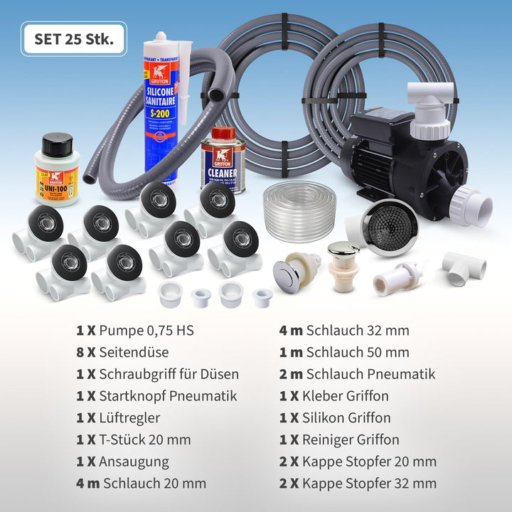 AQUADE Bausatz mit Whirlpool Düsen Set 8X , Whirlpool Pumpe , Schlauch Adapter Set , Pneumatikschlau