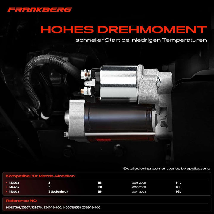 Frankberg Anlasser Starter Kompatibel mit 3 BK 1.4L 1.6L 2003-2008 3 Stufenheck BK 1.6L 2004-2008 Re