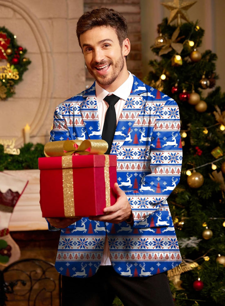 BesserBay Herren Weihnachtsblazer Bedruckte Langarm Anzugjacke Xmas Kostüm Blazer Slim Fit Blazer Fr