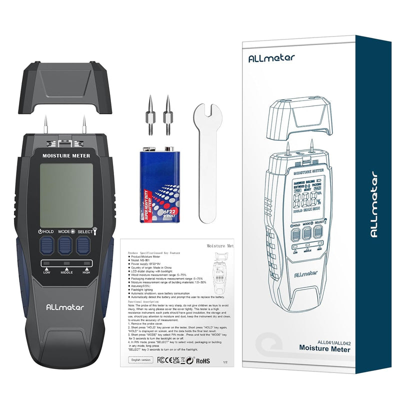 ALLmeter Digital Holzfeuchtemessgerät mit Stiftfunktion und Hintergrundbeleuchtung, Feuchtigkeitsdet