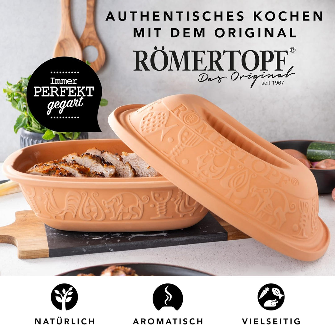 Römertopf Bräter Klassiker Keramik Dampfgarer aus Naturton für bis zu 4 Personen 3 Liter 2.5 Liter,