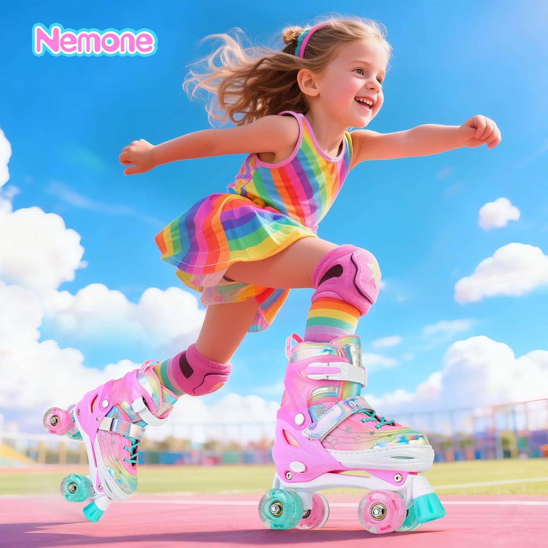 NEMONE Rollschuhe für Mädchen Kinder 4 Grössen Verstellbar Blau Violett Rollschuhe für Kinder Drinne