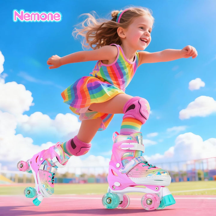 NEMONE Rollschuhe für Mädchen Kinder 4 Grössen Verstellbar Blau Violett Rollschuhe für Kinder Drinne