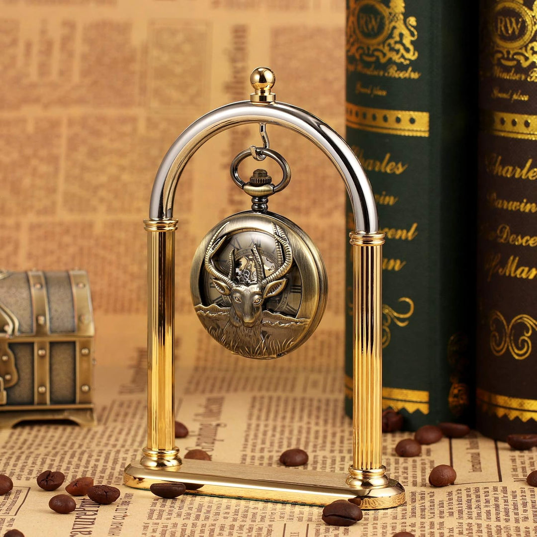 TREEWETO Unisex Taschenuhr Mechanisch Handaufzug Doppelter Abdeckung Rentier Hirsch Bronze Hohles Ge