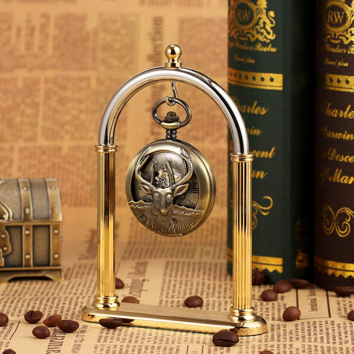 TREEWETO Unisex Taschenuhr Mechanisch Handaufzug Doppelter Abdeckung Rentier Hirsch Bronze Hohles Ge