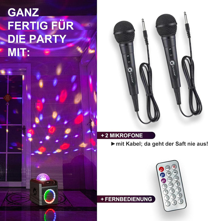 N-GEAR Block Party 602 Partybox und Karaoke Maschine – 100 Watt, 6 Stunden Akku, Party Discokugel Li