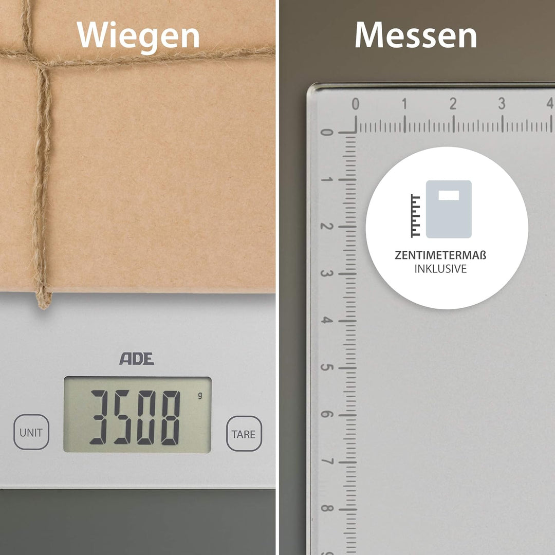 ADE Digitale Briefwaage mit XXL-Wiegefläche und aufgedrucktem Lineal | bis zu 20 kg