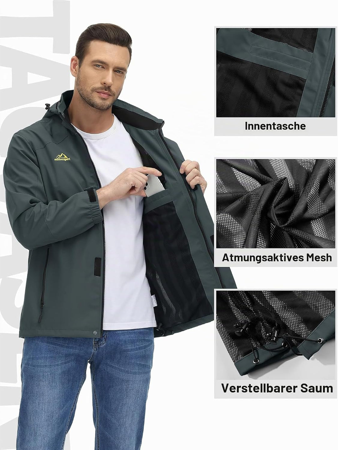 TACVASEN Herren Outdoorjacke Leicht Wasserabweisend Wanderjacke Übergangsjacke Funktionsjacke mit Ab