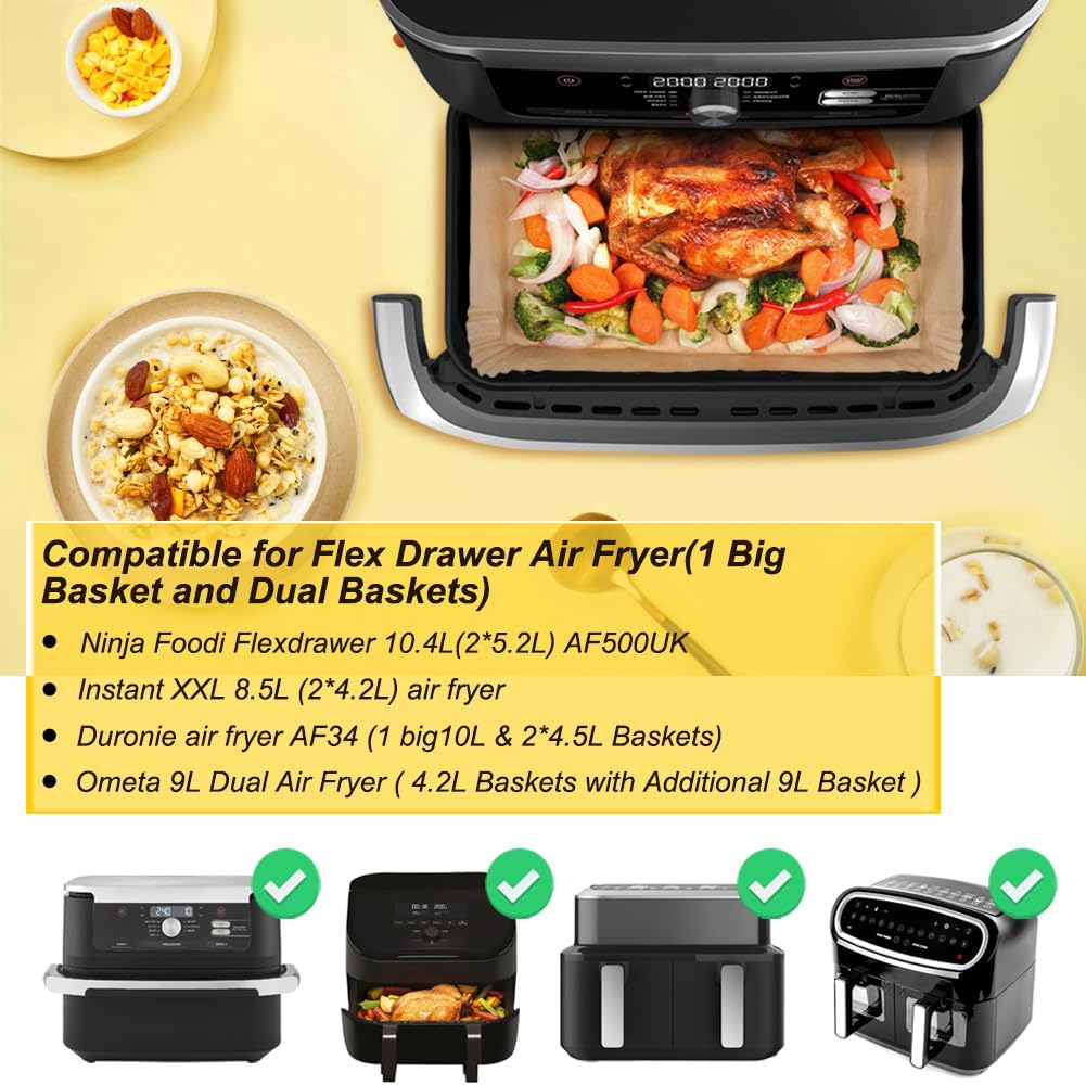 BYKITCHEN 210pcs Backpapier für Heissluftfritteuse Ninja Flex Drawer AF500EU 10,4L Dual Zone,Airfrye
