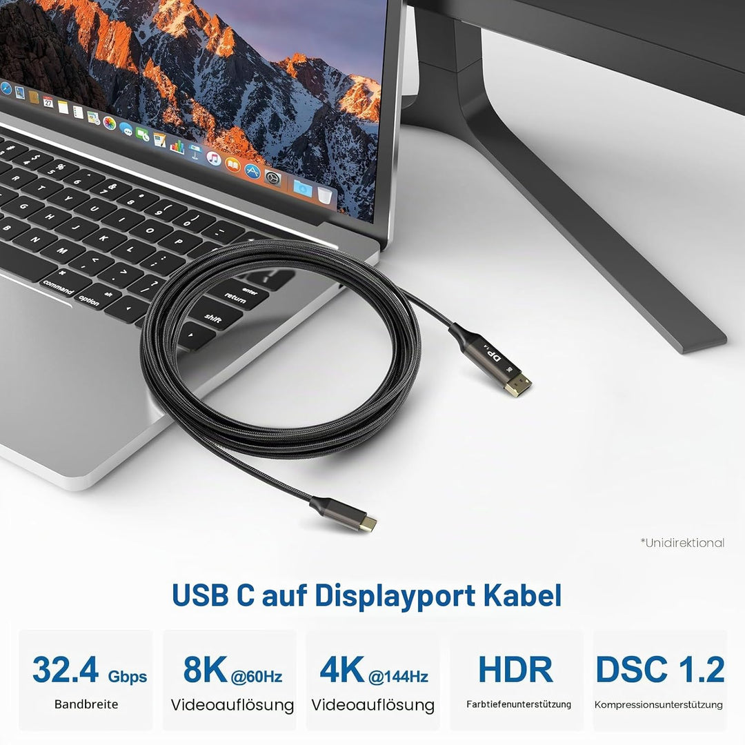 Ablink USB C auf DisplayPort 1.4 Kabel 5m [8K@60Hz, 4K@144Hz, 2K@240Hz] Thunderbolt 4/3 Kompatibel,