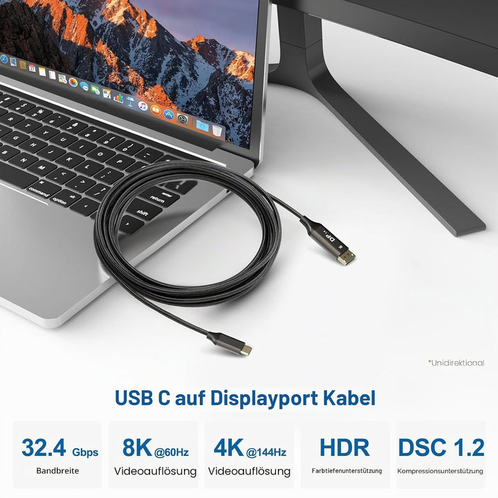 Ablink USB C auf DisplayPort 1.4 Kabel 5m [8K@60Hz, 4K@144Hz, 2K@240Hz] Thunderbolt 4/3 Kompatibel,