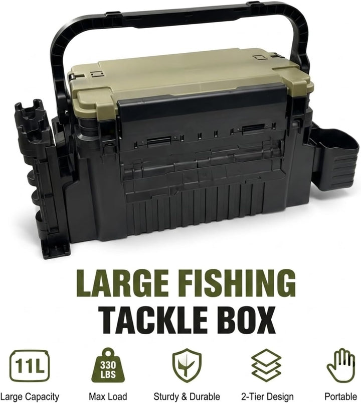 Angelkoffer Gross 2-Stöckig mit Sitzfunktion Wasserdicht Schwarz | 43×23×28cm, bis 150kg belastbar,