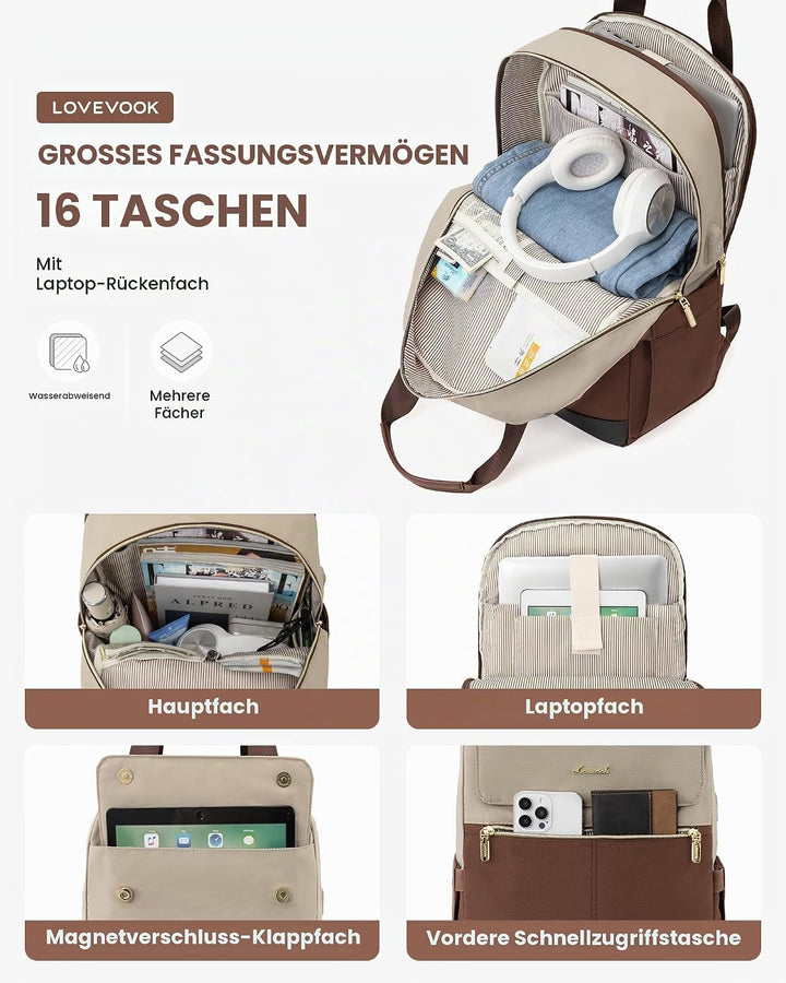 LOVEVOOK Rucksack Damen, Schulrucksack Teenager Mädchen 15,6 Zoll mit Laptopfach, Wasserdicht Schult