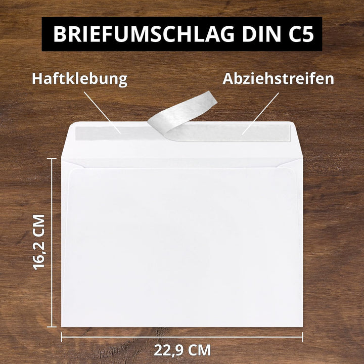 400x Briefumschläge DIN C5 Hochweiss (Weiss) - 16,2 x 22,9 cm - Haftklebung - Edle Kuverts für gross