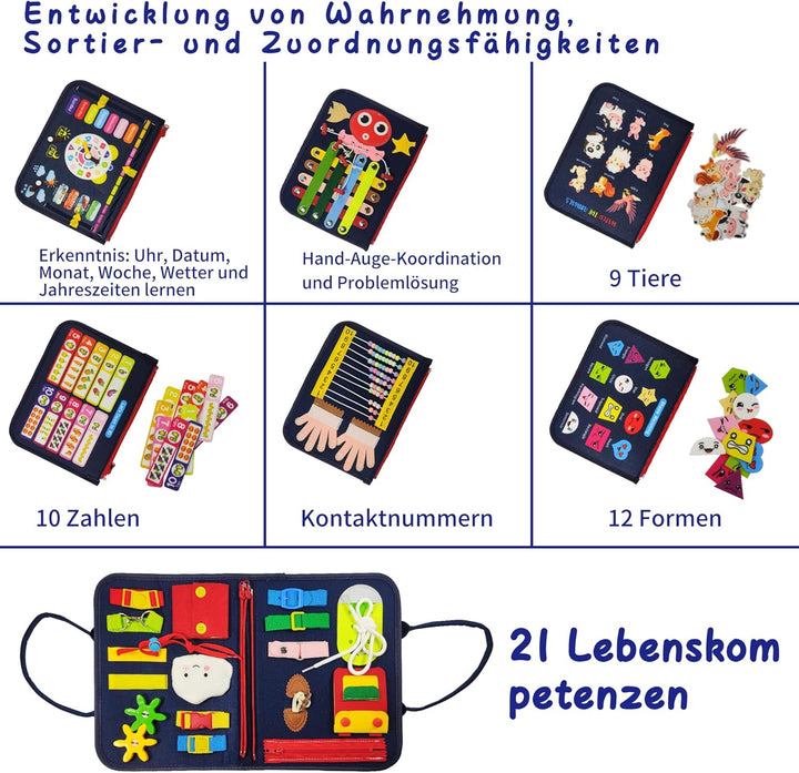 Montessori Busy Board für Jungen 3-5 Jahre – Feinmotorik-Spielzeug mit Auto/Flugzeug-Elementen, Sens