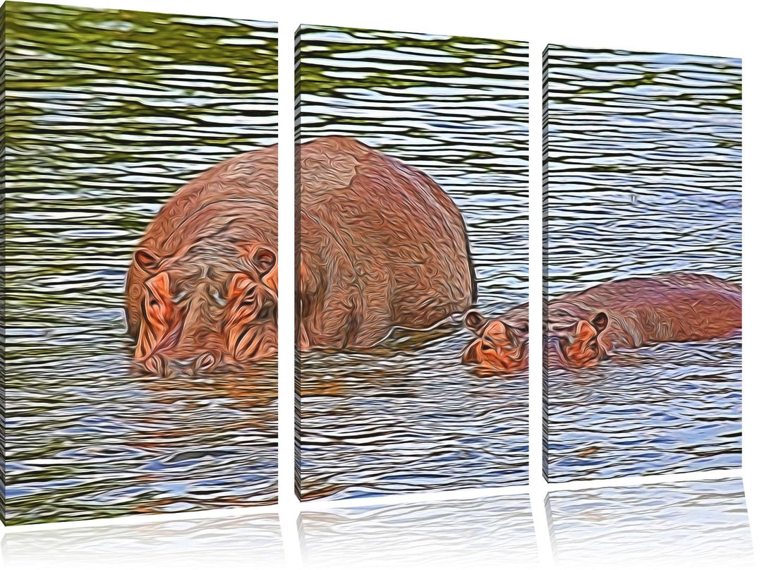 zwei Flusspferde im hohen Wasser NewArt 3-Teiler Leinwandbild 120x80 Bild auf Leinwand, XXL riesige