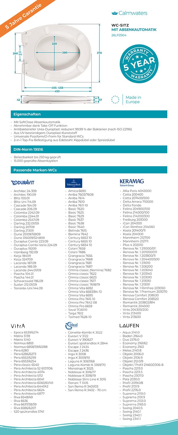 Calmwaters® Premium WC Sitz bis 250 kg, Made in EU, Toilettendeckel aus antibakteriellem Duroplast,