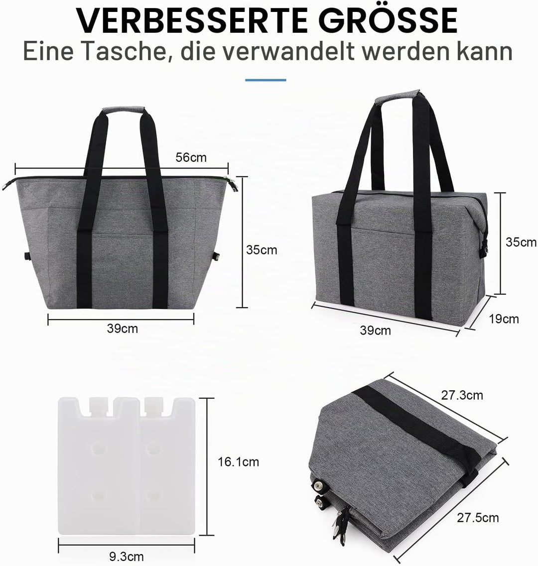 Grosse Kühltasche faltbar 20 L–Faltbare Einkaufstasche mit 2 Kühlboxen, Graue Picknicktasche mit Iso