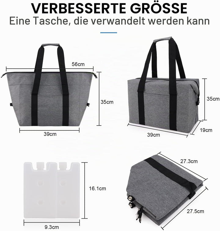 Grosse Kühltasche faltbar 20 L–Faltbare Einkaufstasche mit 2 Kühlboxen, Graue Picknicktasche mit Iso
