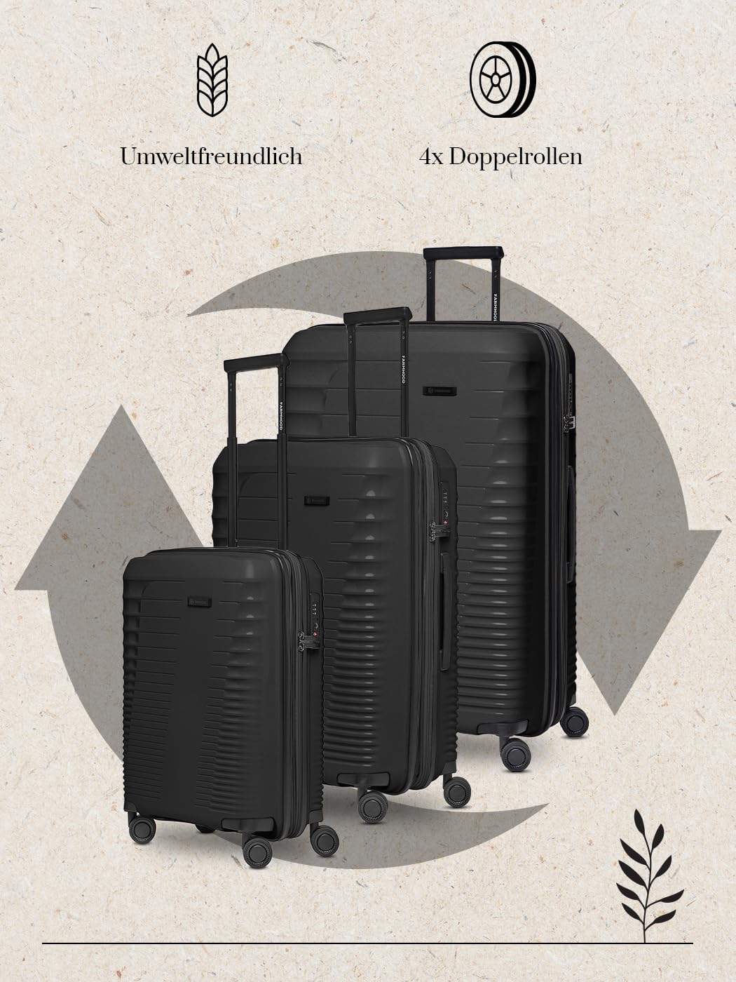 Eco Edition nachhaltiges Hartschalen Koffer-Set 3-teilig | Trolleys mit Dehnfalte erweiterbar um 6 c