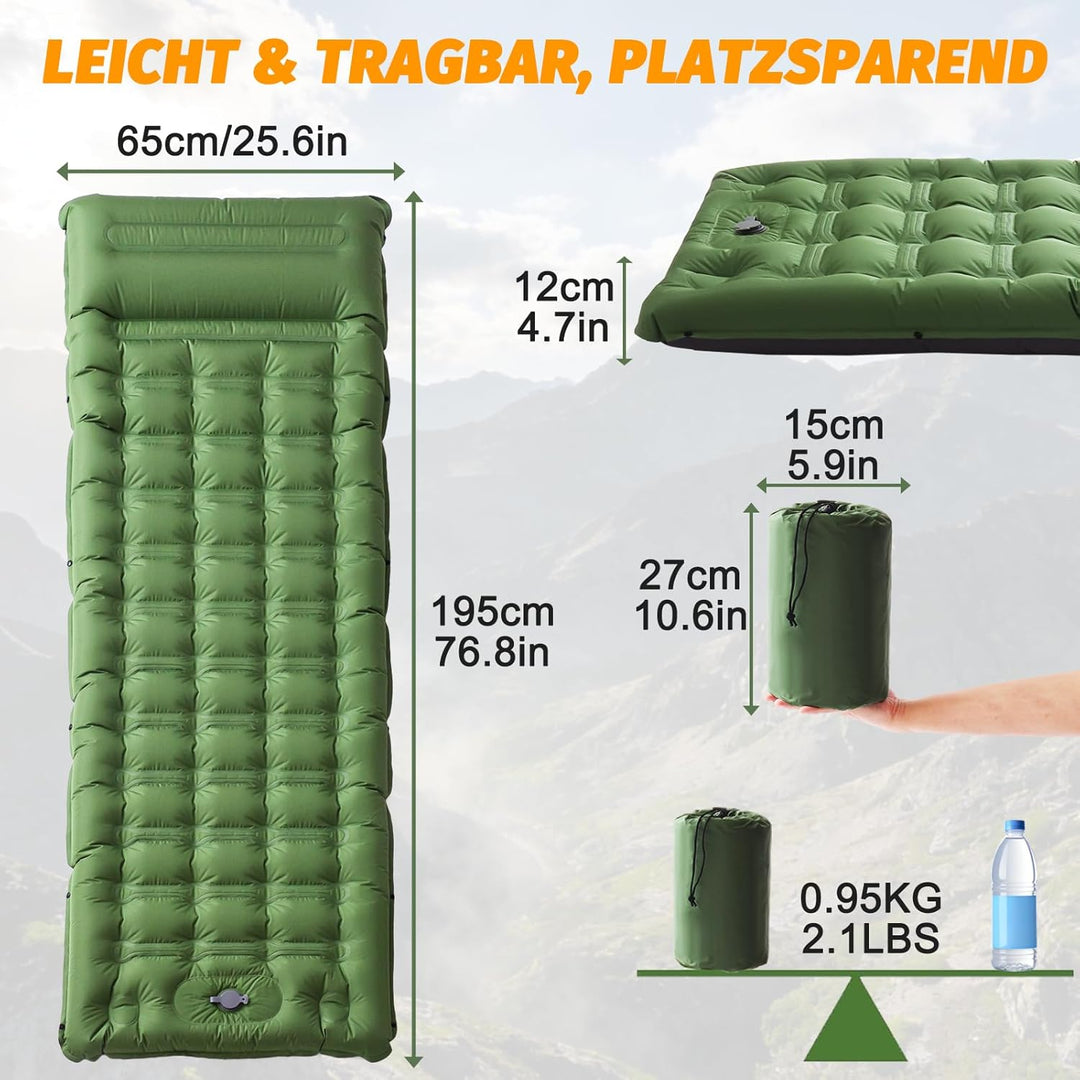 SWTMERRY Hochwertige Aufblasbare Isomatte – 12 cm verdickte Schlafmatte mit Fusspumpe & Kissen, wass