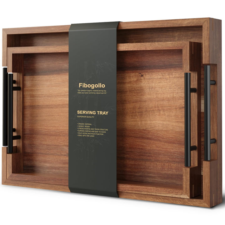Fibogollo 2er Set Akazienholz Serviertablett mit Metallgriff, Rechteckig Tablett Frühstückstablett,D
