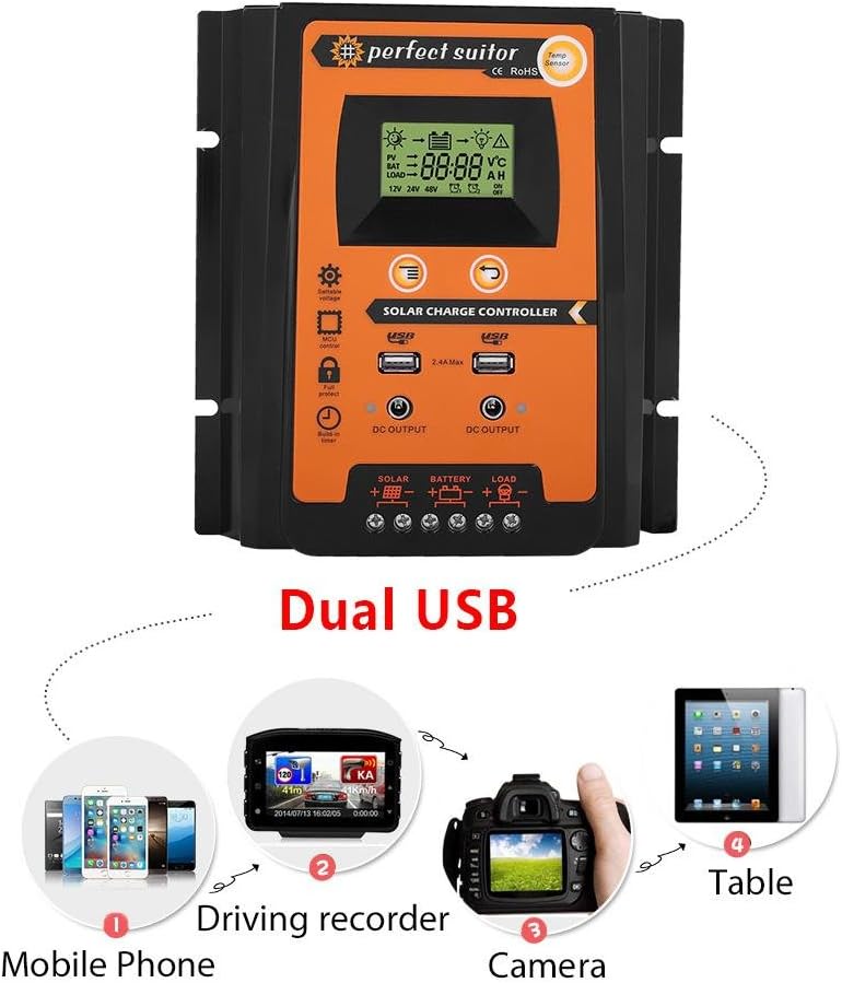 Keenso 12V/24V 30A/50A/70A MPPT Solarladeregler Solarpanel Batterieregler Dual USB LCD Display, 50A