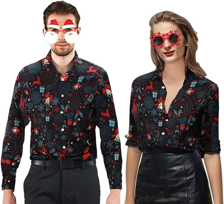 Goodstoworld Weihnachtshemd Herren Weihnachten Muster 3D Bedruckte Langärm Slim Fit Stehkragen Bügel