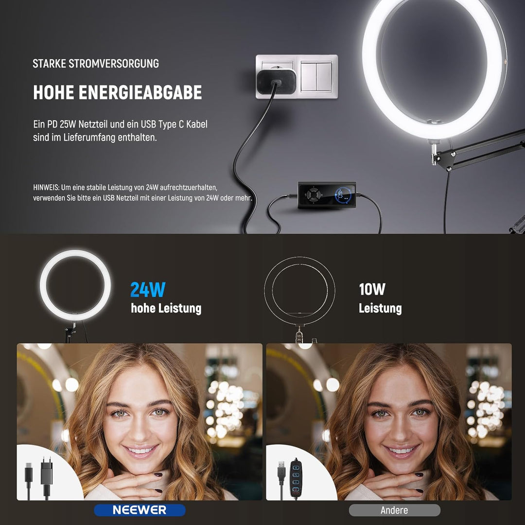 NEEWER RH12 12" 24W Hochleistungs LED Ringlicht Kompatibel mit iPhone 60" Überkopf Faltstativ mit Ha