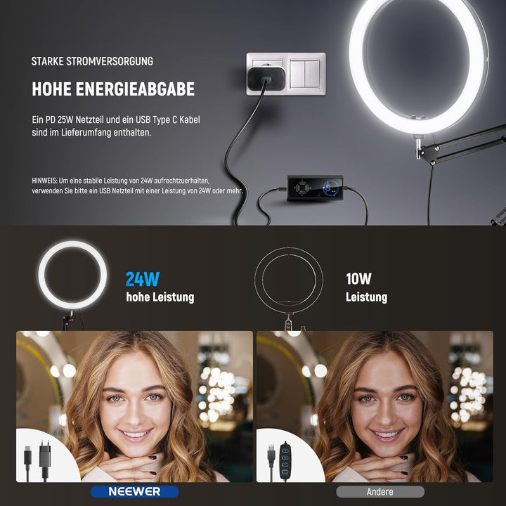 NEEWER RH12 12" 24W Hochleistungs LED Ringlicht Kompatibel mit iPhone 60" Überkopf Faltstativ mit Ha