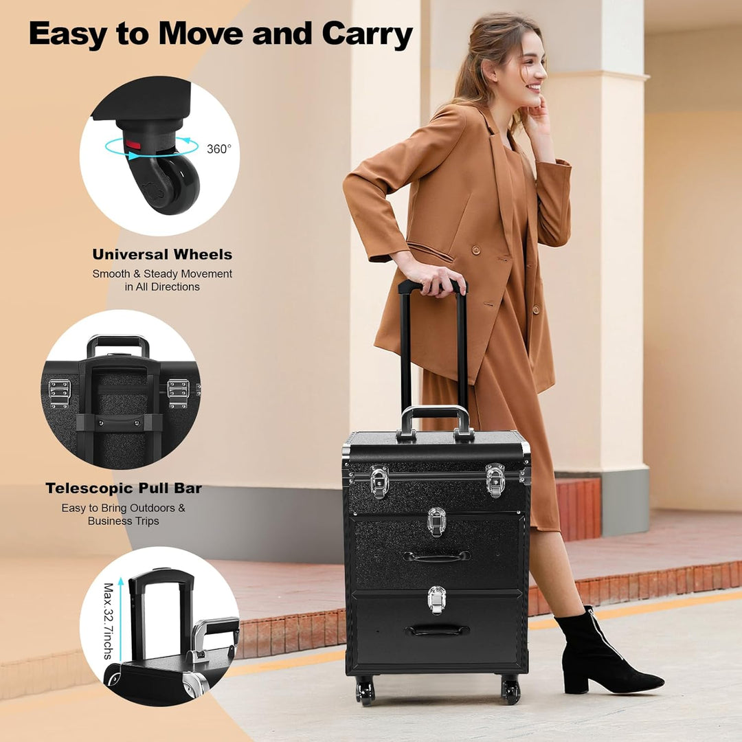 3 Schichten Kosmetikkoffer Trolley, Make Up Koffer Mit 2 Schubladen und 2 Schloss Friseurkoffer Gros