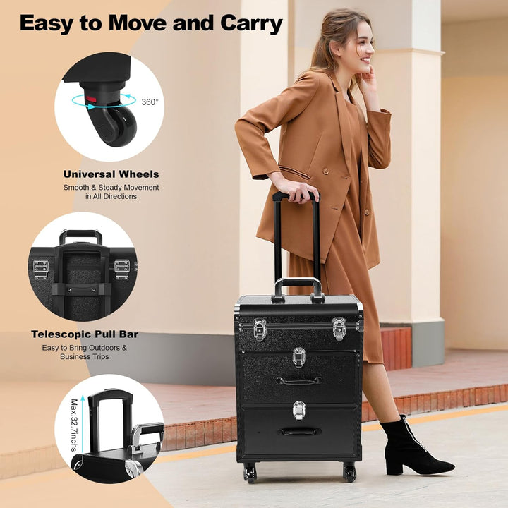 3 Schichten Kosmetikkoffer Trolley, Make Up Koffer Mit 2 Schubladen und 2 Schloss Friseurkoffer Gros