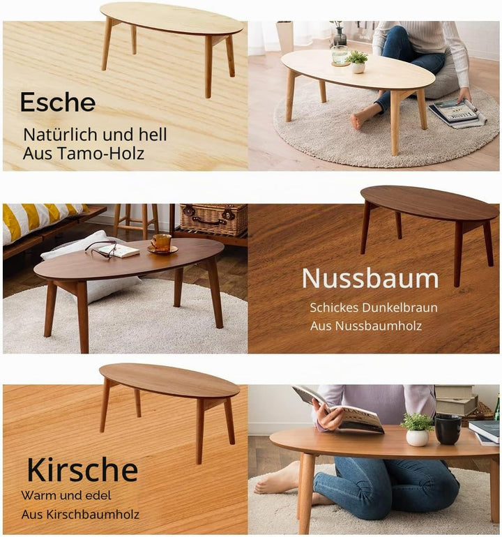 EMOOR Klapptisch Holz, Klein-Oval (B90xD43cm) Naturfarben, Couchtish Tatami Tisch 90 x 43 x 34 cm Na