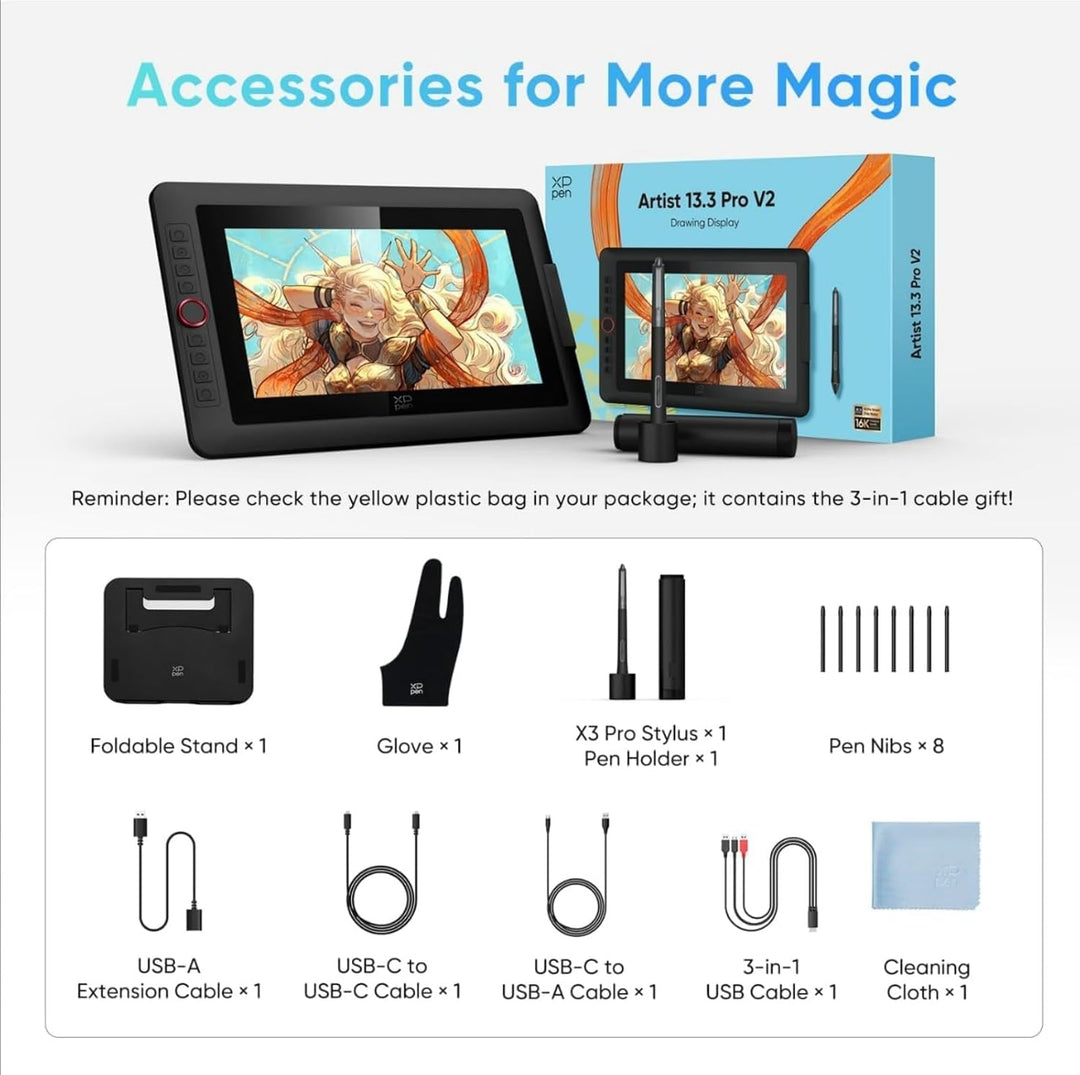 XPPen Artist 13.3 Pro V2 Grafikdisplay, 13.3 Zoll Grafiktablett mit 16K Stift, 99% sRGB, kompatibel