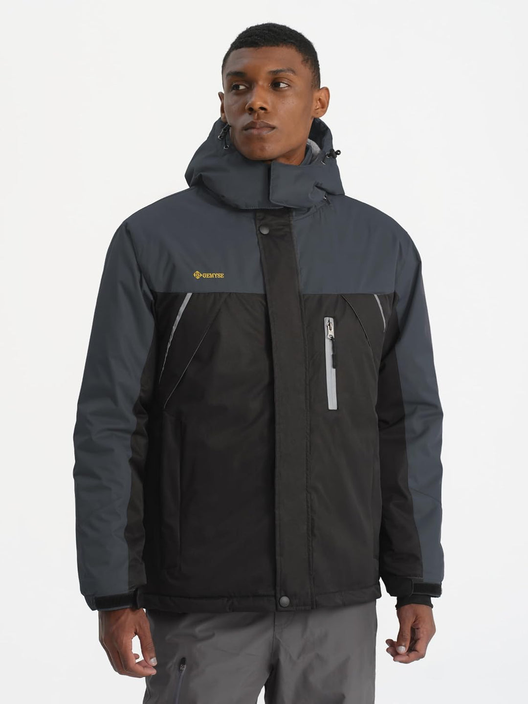 GEMYSE Herren Wasserdichte Skijacke Winddichte Fleece Outdoor Winterjacke mit Kapuze S Schwarzgrau,