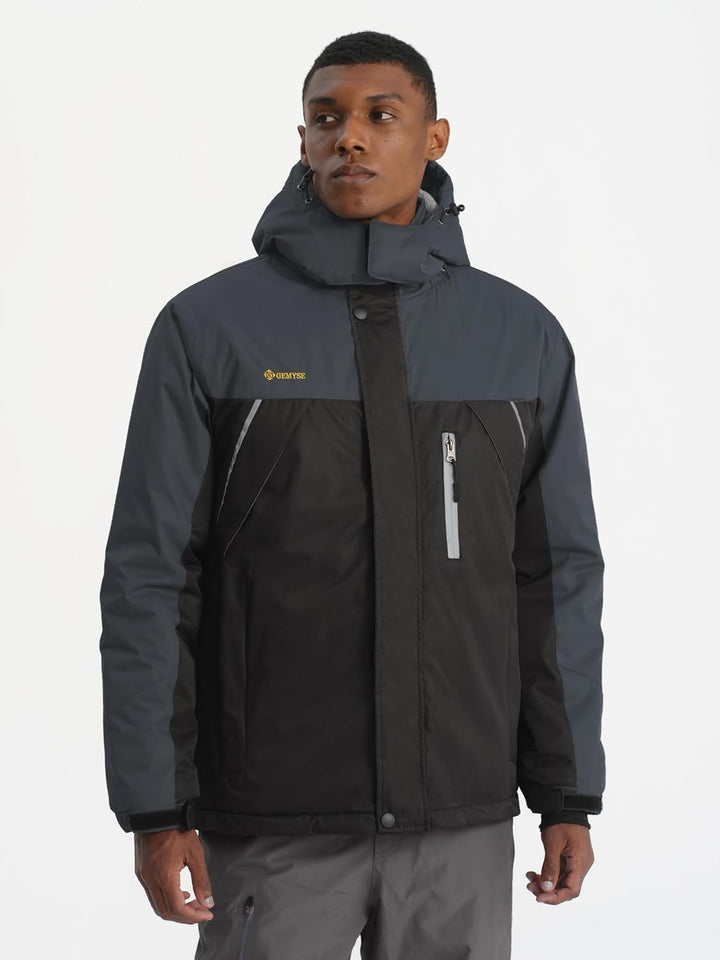 GEMYSE Herren Wasserdichte Skijacke Winddichte Fleece Outdoor Winterjacke mit Kapuze S Schwarzgrau,