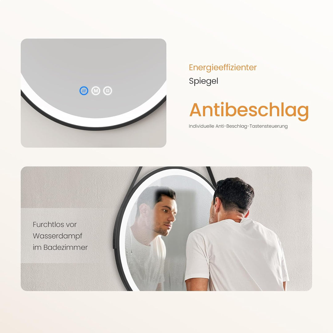EMKE Badspiegel mit Beleuchtung 50cm wandspiegel rund mit 3 Lichtfarbe dimmbar, Antibeschlag, Speich
