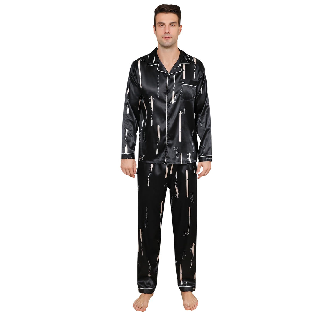 RuanMM Herren-Pyjama-Set aus seidigem Satin mit schwarzem Muster, Nachtwäsche mit Langen Ärmeln und