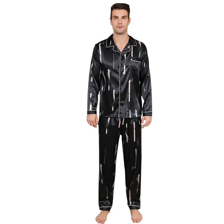 RuanMM Herren-Pyjama-Set aus seidigem Satin mit schwarzem Muster, Nachtwäsche mit Langen Ärmeln und