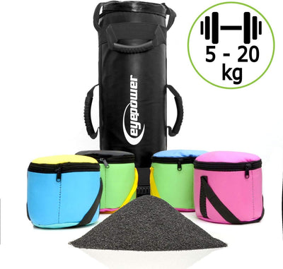 EYEPOWER 20kg Power Bag + 4 Kettlebell Gewichte - Befüllt mit Eisensand - Besser als Geräte: 6 Griff