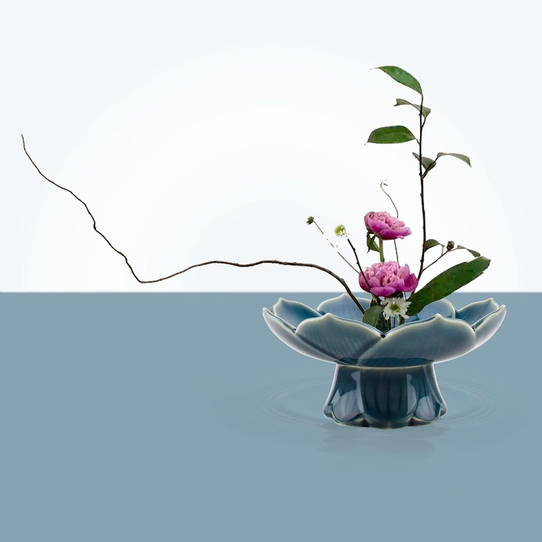 CRAFFANCY Blumenarrange-Zubehör, Cyan-Blaue Lotusblumenvase aus Keramik für Ikebana Blumenkunst Obst