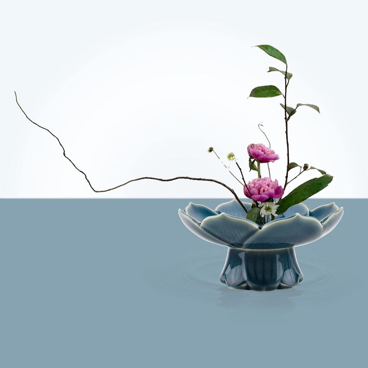 CRAFFANCY Blumenarrange-Zubehör, Cyan-Blaue Lotusblumenvase aus Keramik für Ikebana Blumenkunst Obst