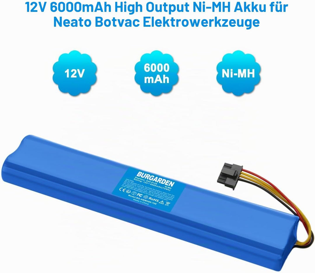Werkzeugakkus 12V 6000mAh NI-MH Akku Kompatibel mit Neato Botvac 70, 70E, 75, 80, 85 Staubsauger, Er