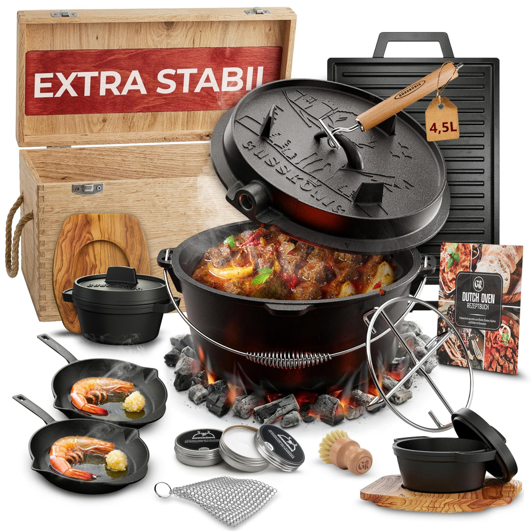 Dutch Oven Set 9-teilig – bereits eingebranntes Gusseisen Topf Set – Bratpfanne, Grilltopf, Deckelhe
