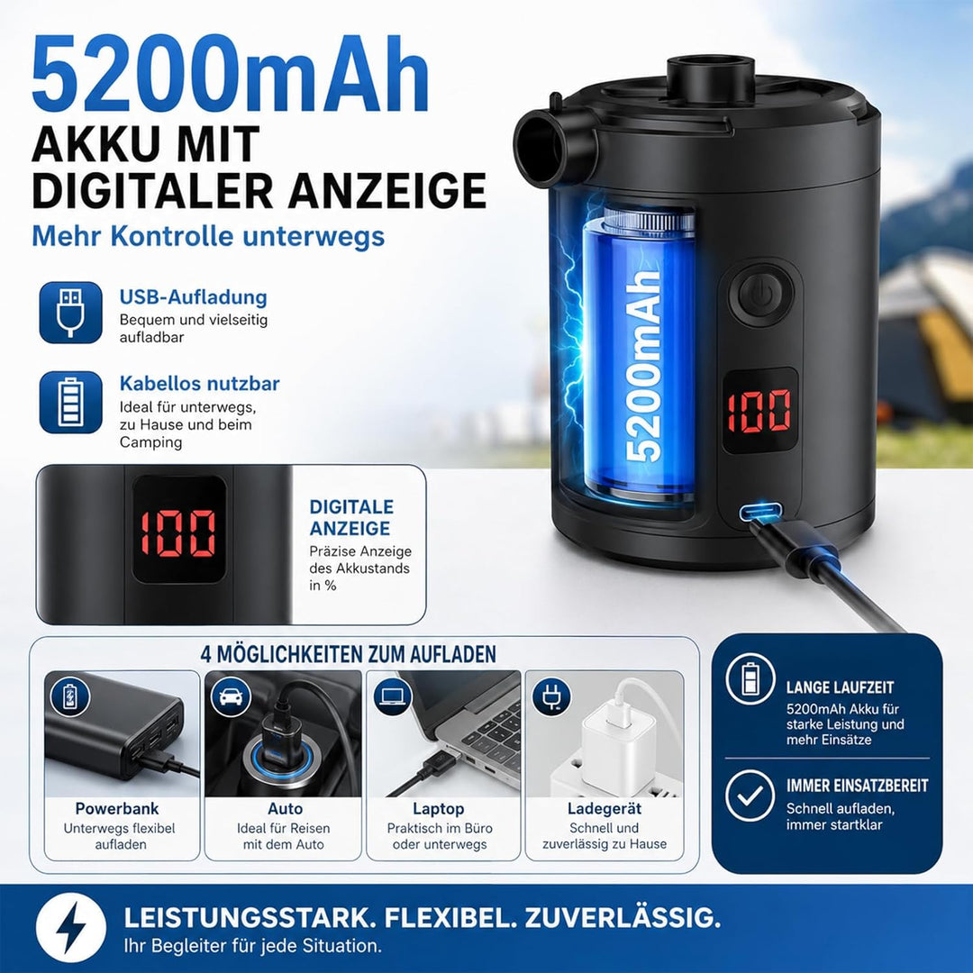 Akku Luftpumpe für Luftmatratze, Lytool 5200mAh Elektrische Mini Luftpumpe Akku mit digitaler Anzeig
