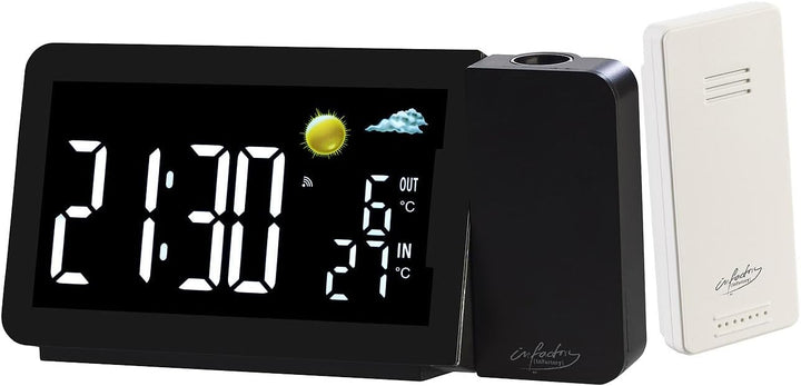 infactory Uhr Projektor: Funk-Wetterstation mit Projektionswecker, Aussensensor, USB, schwarz (Duala