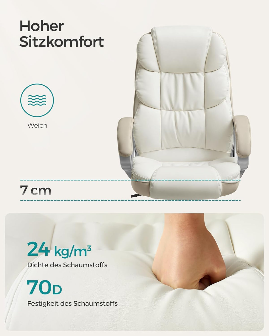 SONGMICS Office Chair, 6766(114-124) cm ‎cremeweiss 53 x 51 x (112-122) cm, ‎cremeweiss 53 x 51 x (1