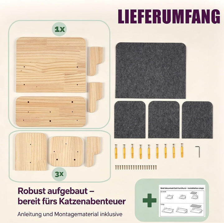 Katzentreppe Wand Holz 4er-Set Kletterwand frei Kombinierbar | Katzen Wandelemente inkl. 1 Plattform